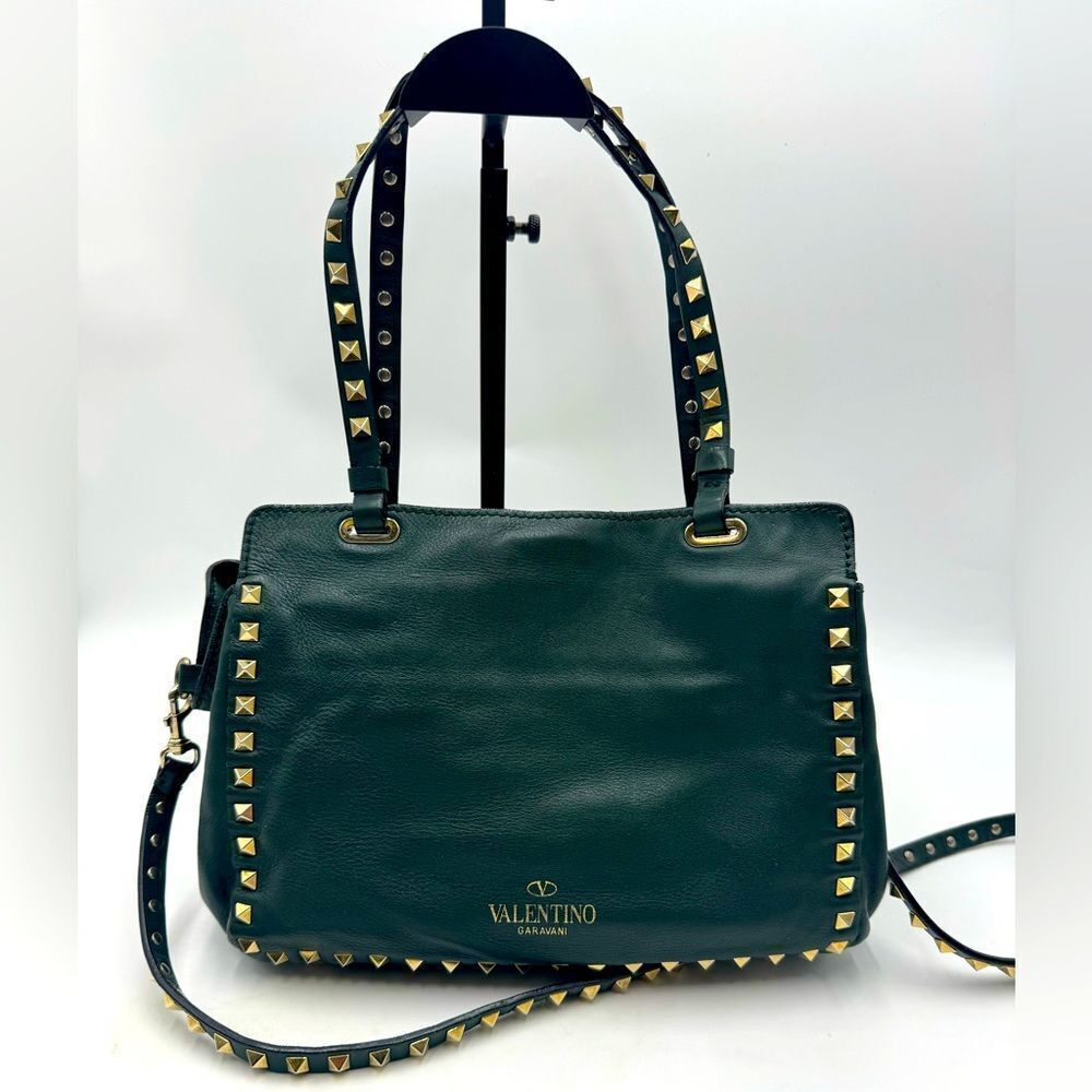 Auth Valentino Garavani Forest Green Leather Rockstud 2way Trapeze Shopper Tote - Picture 10 of 16